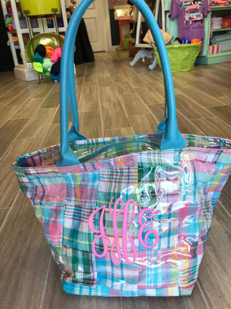 Aqua Plaid Monogram Tote