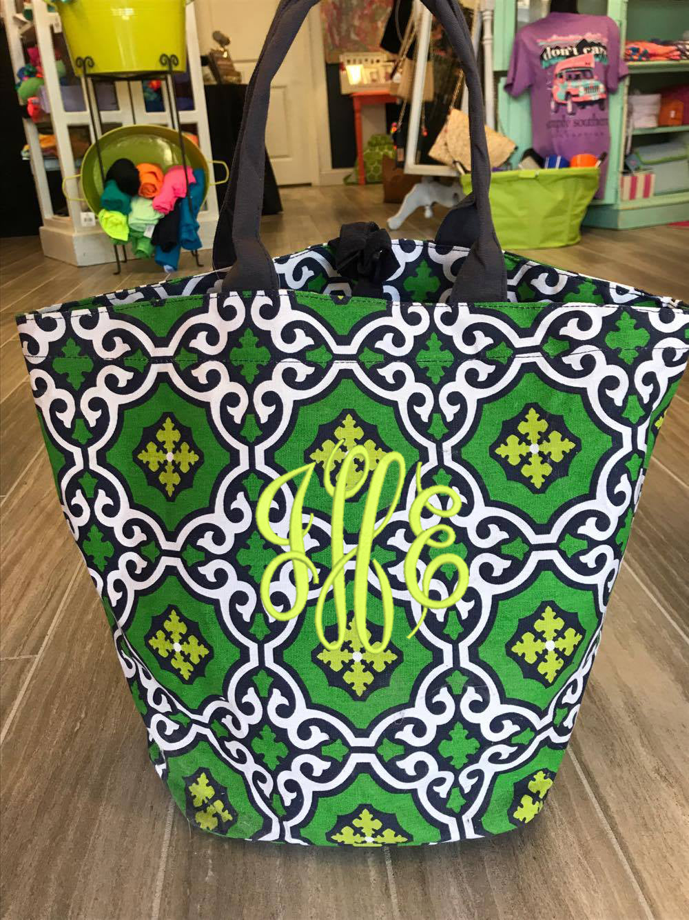 Green/Navy Geometric Monogram Tall Tote