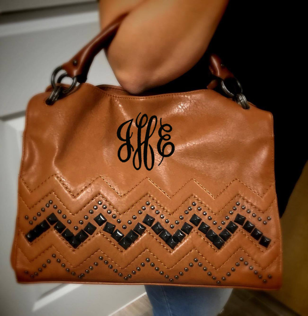 Cognac Chevron Stud Mongram Purse