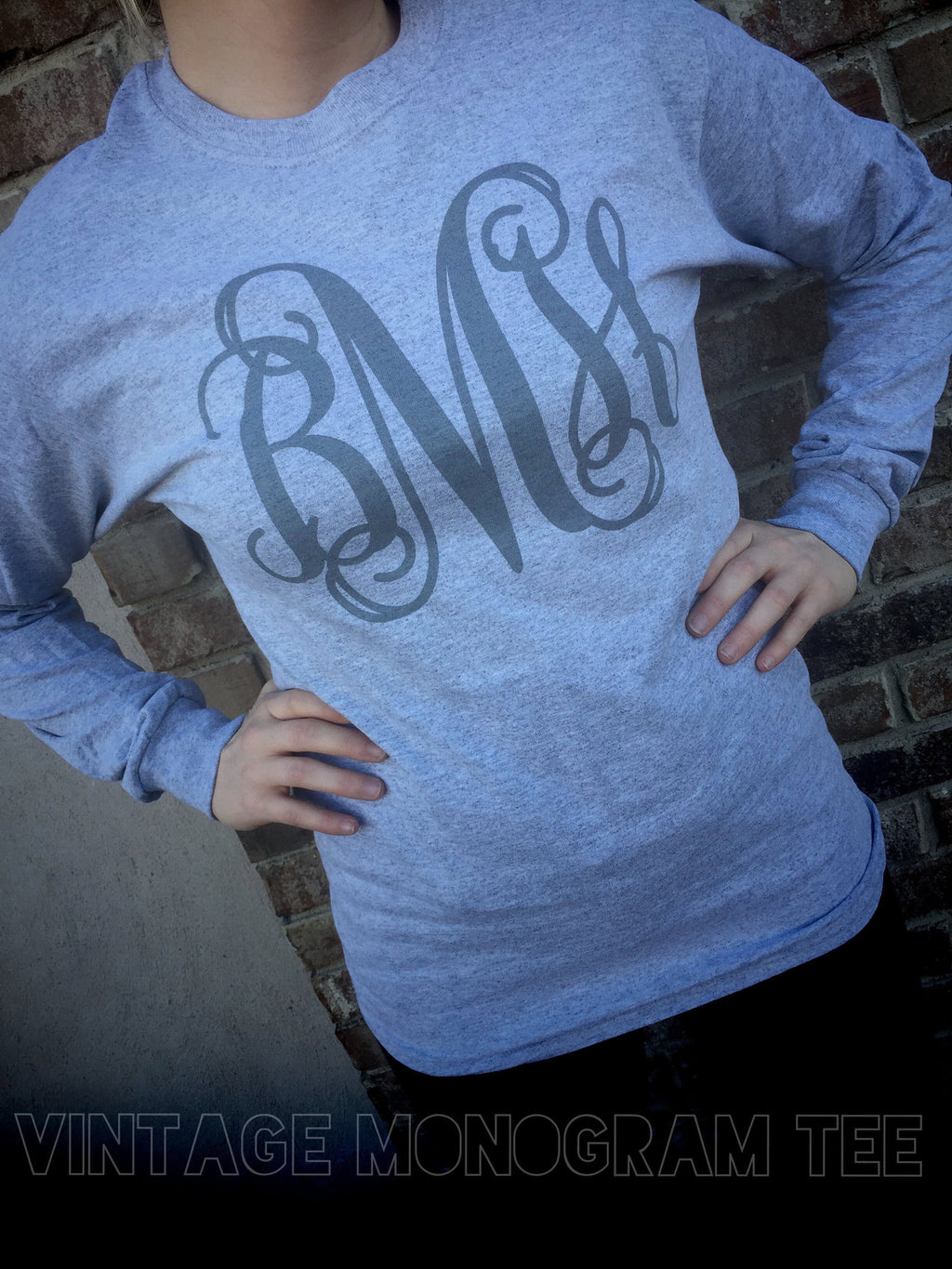 Vintage Look Grey Long Sleeve: Tone on Tone Monogram