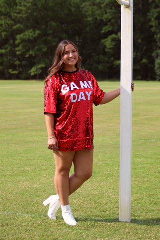 Game Day Sequin T-Shirt Dress - Red/White