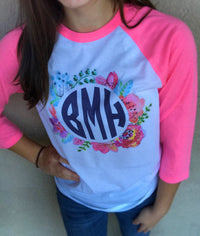 Simply Floral Monogram Baseball Tee: Neon Pink/White