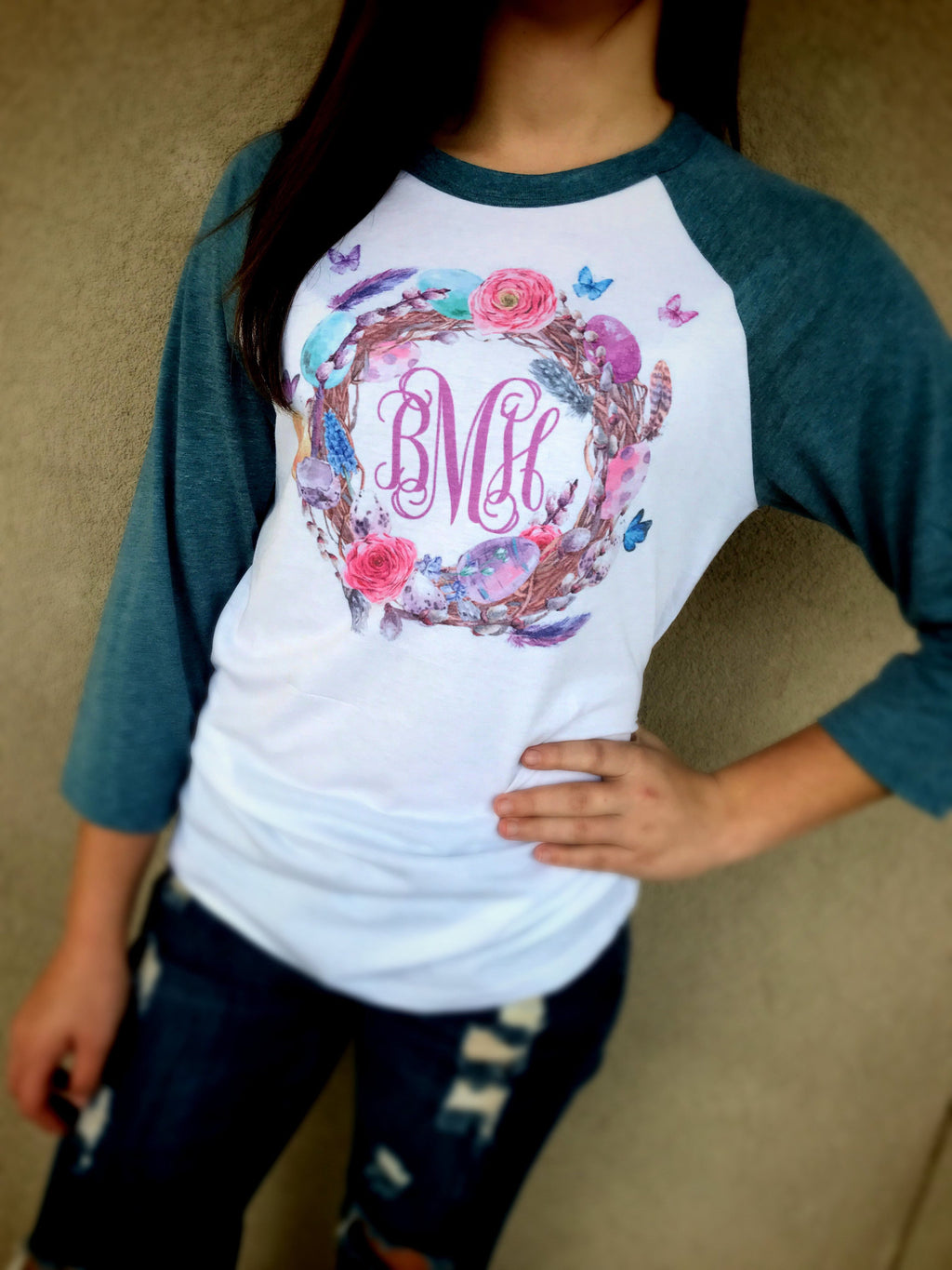 Vintage Easter Monogram Raglan: Heather Light Blue/White