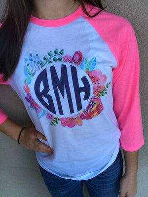 Simply Floral Monogram Baseball Tee: Neon Pink/White